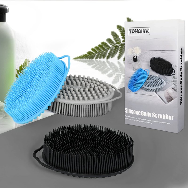 Set of 3 Silicone Body Scrubber Loofah Soft Exfoliating Body Bath Shower Scrubber Loofsh Brush (Black+Gray+Blue 010)