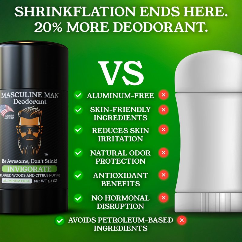 MASCULINE MAN Deodorant for Men - Aluminum Free Mens Deodorant - Natural Deodorants - Sweat Protection for Underarm, Stain-Free Stick Deodorants, Made in USA, 3.2oz (Pack of 2, Invigorate)