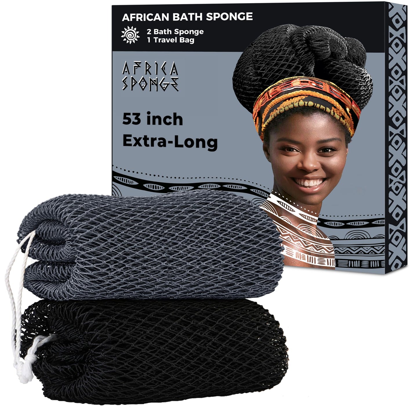 African Net Sponge Authentic - 2 Pieces 52IN Stretched Length Exfoliating Body Scrubber Bath Sponge - Loofah Washcloth Back Scrub for Shower Body Exfoliator