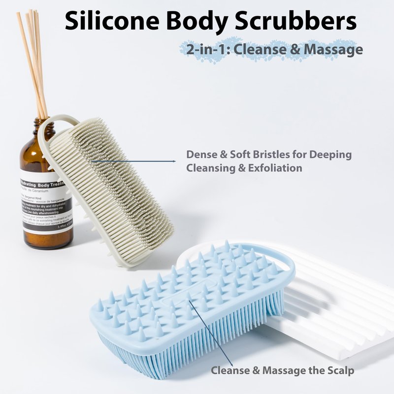 2 PC Silicone Body Scrubber, 2 in 1 Exfoliating Shower Bath Scrubber, Soft Silicone Loofah for Sensitive Skin, Shower Hair Scalp Massager, Easy to Clean, Lather Well (Grey&Blue)