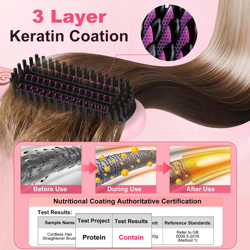 Cordless Hair Straightener Brush, Portable Ionic Plus Frizz-Free Straightening Brush, Rechargeable Touch Up On-the-Go Brush, MCH Fast Heating, 5D Dense Bristles, Auto-Off, Anti-Scald for Women Travel