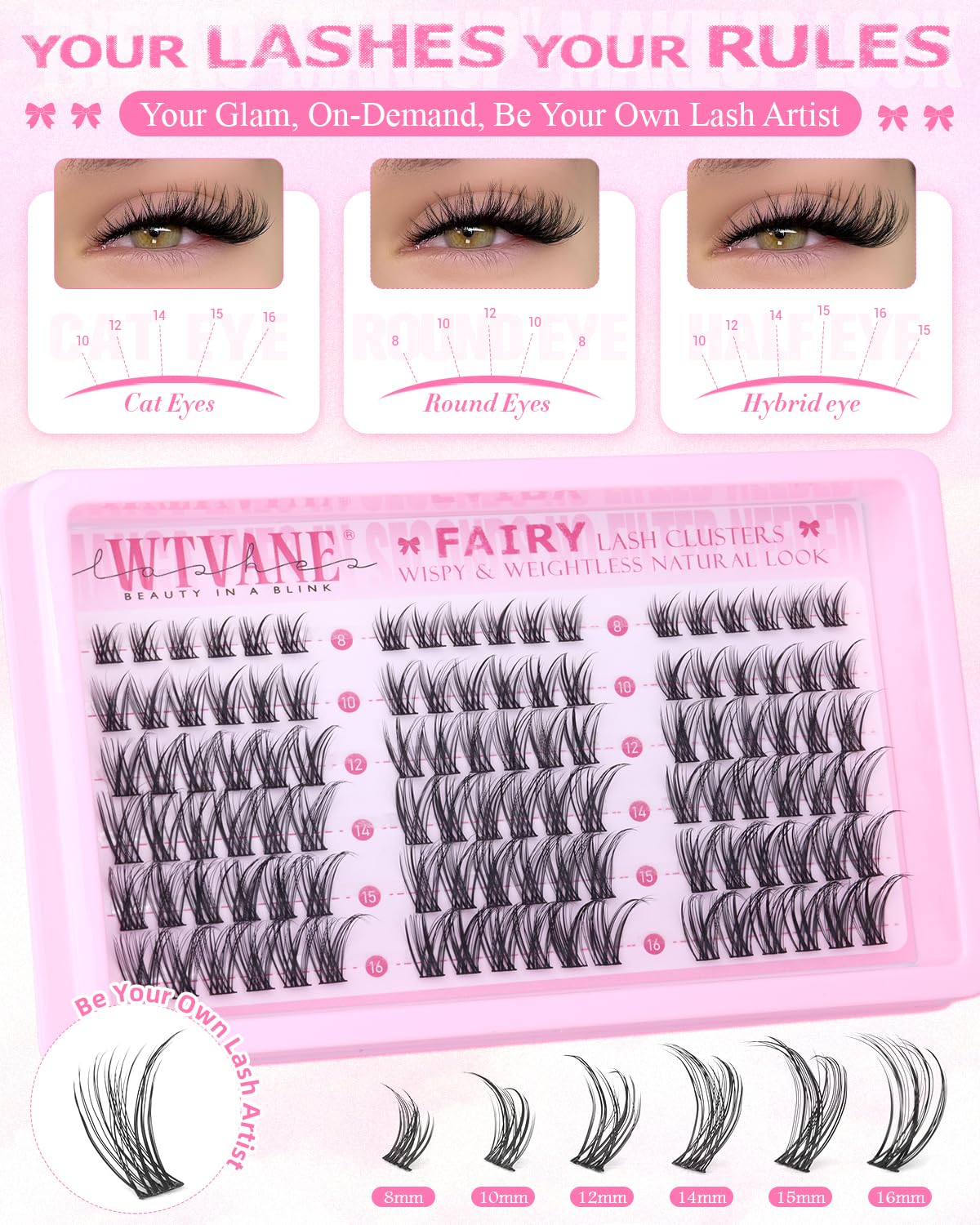 Wtvane Lash Clusters Wispy Eyelash Clusters Natural Lash Extensions 8-16mm Cluster Eyelash Extensions Fairy Lashes Clusters with Soft Thin Lash Band C-Curly Individual Lashes Anime Eyelashes Cluster