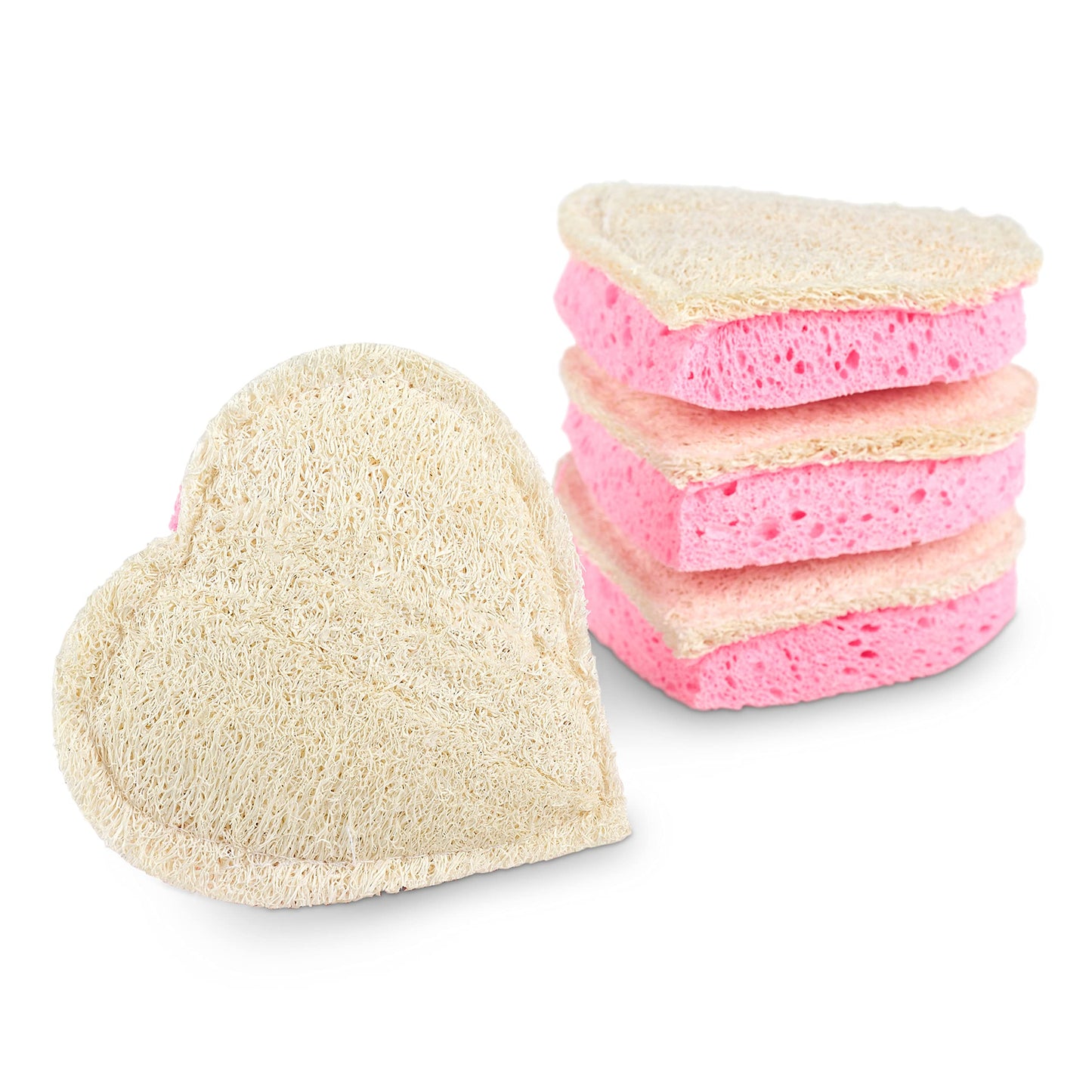 4 Pack LuffaLu Pro Sponge Loofah and Cellulose Fusion - Shower Cleaning and Exfoliating 2 Sided Coarse and Soft Spongy All-Natural Disposable Body Scrub by Fushay (Pink Hearts)