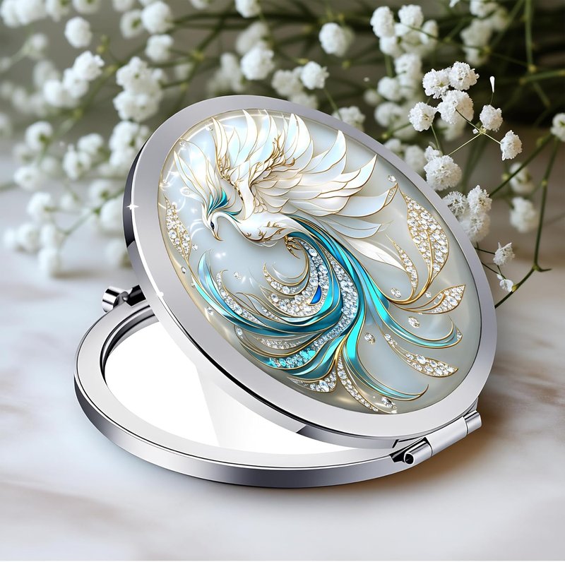 Double-Sided Compact Mirror - 2.8x2.8 Inch Folding Makeup Mirror with Elegant White Phoenix Design | Perfect Gift for Women
