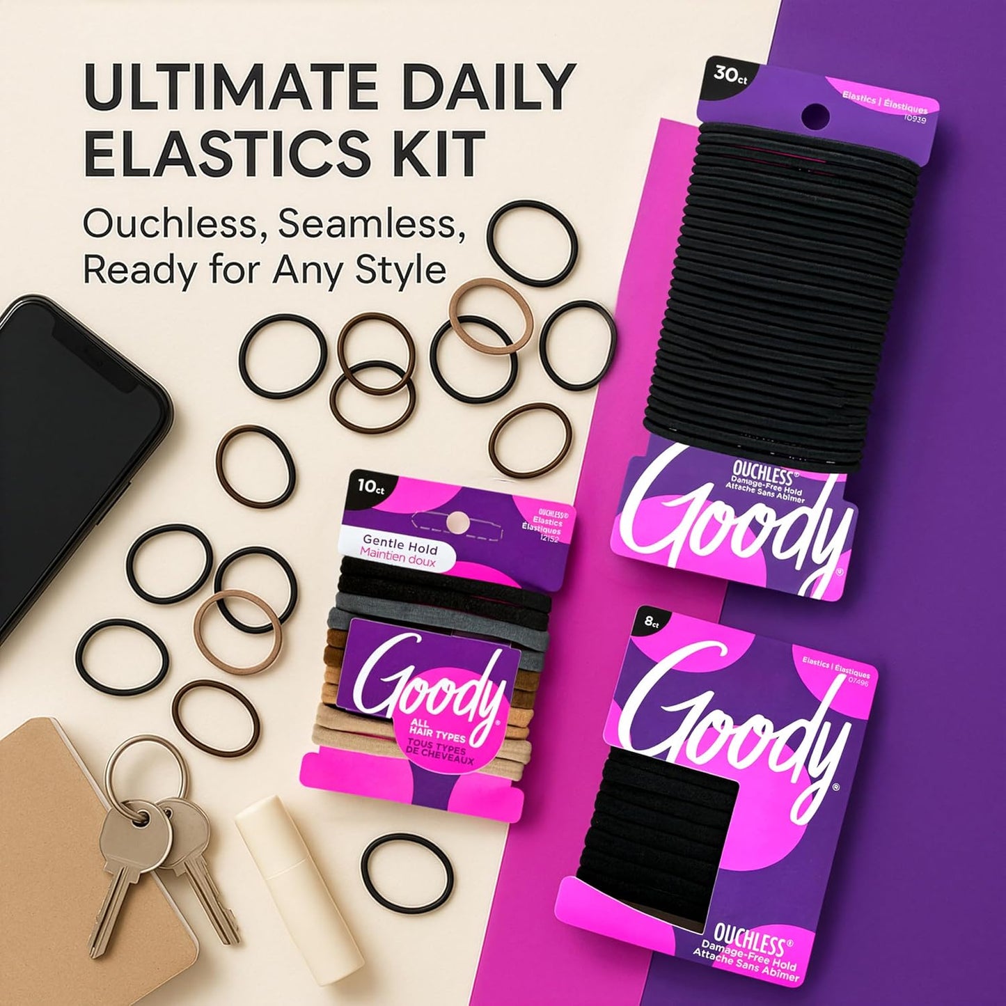 Ultimate Daily Hair Ties Kit - Ouchless No-Damage Elastics for All Hair Types | 30 Black + 10 Neutral + 8 Seamless Ponytail Holders