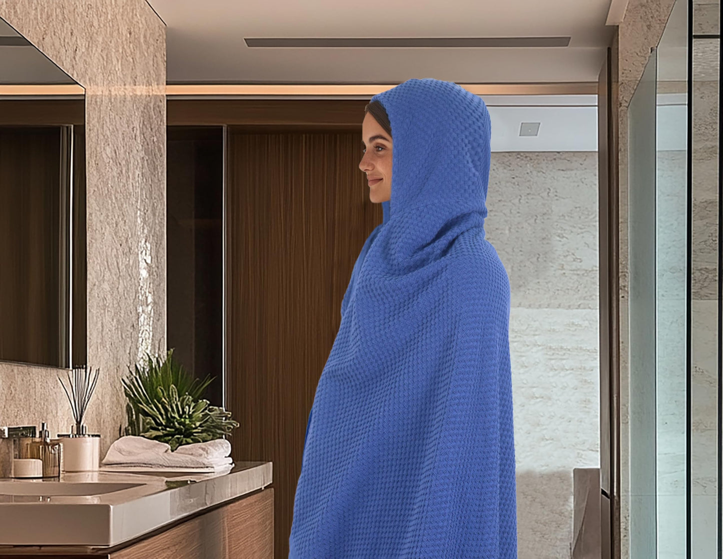 COTTON CRAFT Hooded Bath Towel – Oversized 35 x 70 Waffle Weave Towel with Hood for Adults - 100% Ringspun Cotton Pool Bath Sheet Wrap with Hood - Soft Super Absorbent Quick Dry – 450 GSM – Blue