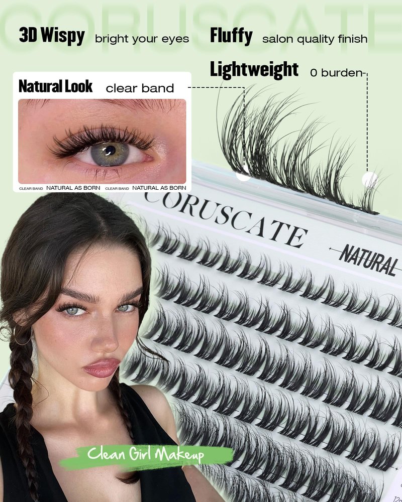 CORUSCATE Lash Clusters Wispy Eyelash Clusters Natural Spider Lashes Cluster with Spikes Kim&Kylie Individual Lashes Short 8-14mm Cluster Eyelash Extensions Clear Band Lash Extension