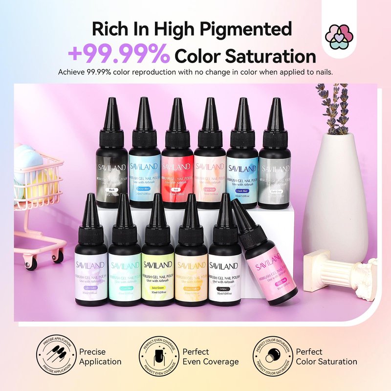 SAVILAND Airbrush Gel Nail Polish Hema-Free: Dilution-free 30ML Airbrush Polish Set, Cool & Warm Colors Non-Acetone Airbrush Stencils for Nails Airbrush for French Nail Art Manicure DIY Salon & Party