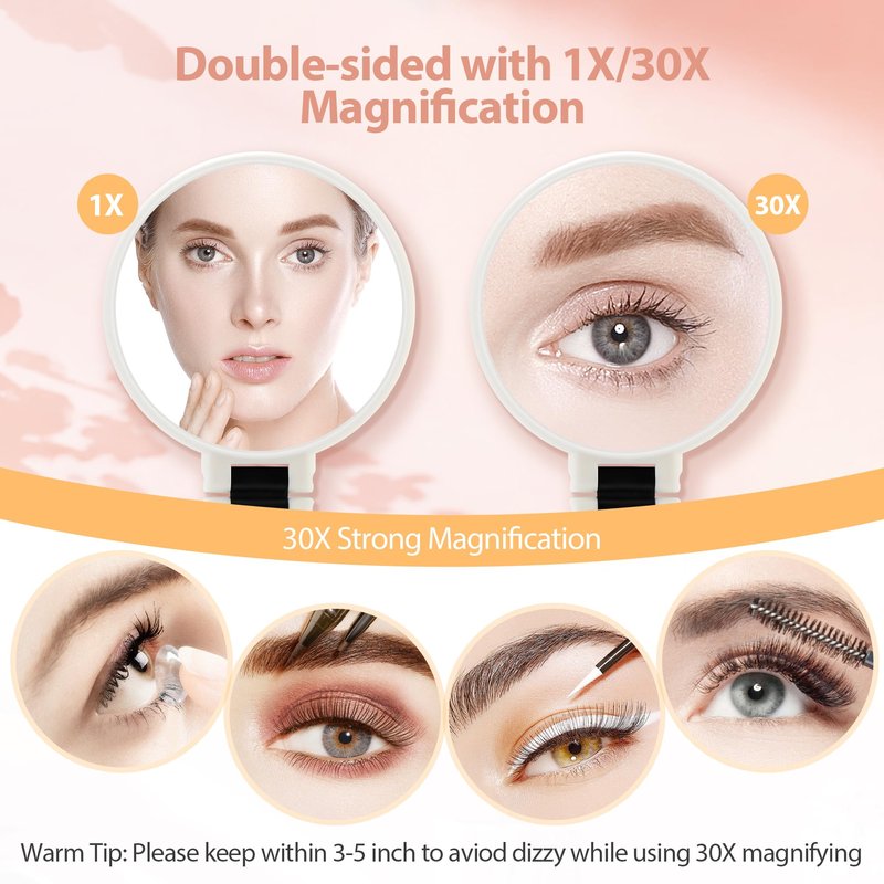 B Beauty Planet 30X Magnifying Mirror, Hand Mirror with Handle, Double Sided Hand Mirror with 30X/1X Magnification, Travel Essential Portable Foldable Makeup Mirror for Precision Makeup White