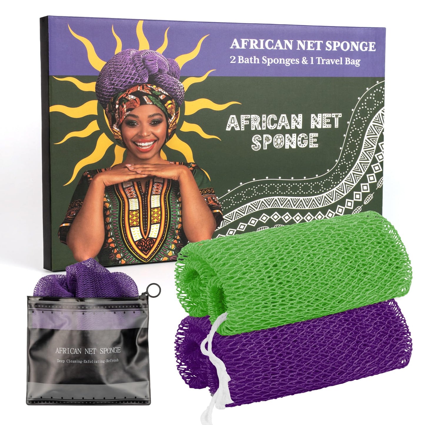 Bathway African Net Sponge Authentic with Handles (Set of 2), African Exfoliating Net Sponge, Exfoliating Body Scrubber Bath Sponge - Bathing Accessories with Storage Bag (Purple & Green)