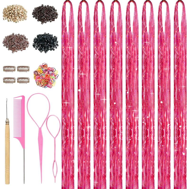 Rose Red Hair Tinsel, 8 Pcs Fairy Hair Tinsel Kit for Girls Women 48 Inch 3200 Strands with Tools Hair Accessories Glitter Tinsel Hair Extensions for Party Festival Christmas (Rose Red)