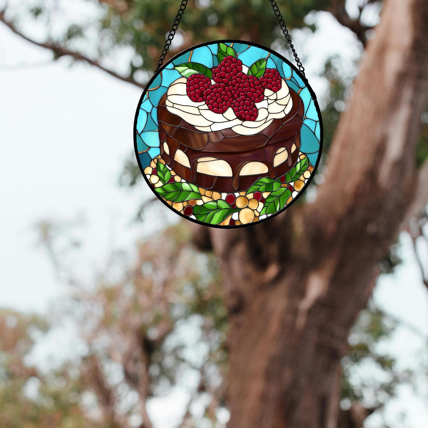 QZQCBLC Stained Glass Window Hanging Raspberry Cake 6.3" - Black Suncatcher Door Garden Sun Catcher Home Decor Birthday Christmas for Mom Men Woman Wife Girl Friend Nana