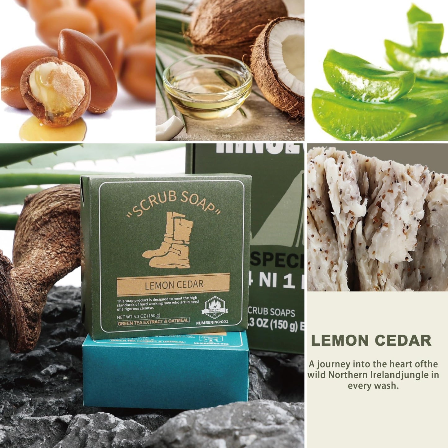 Rinse & Robust Mens Bar Soap Cleansing Bar Moisturizing & Exfoliating Scrub Soap Gift Set for Men | 4 in 1 Face Body Hand Beard Wash | Cinnamon, Lemon Cedar, Mint Ice Chips, Tobacco | 5.3 oz of 4 Bars