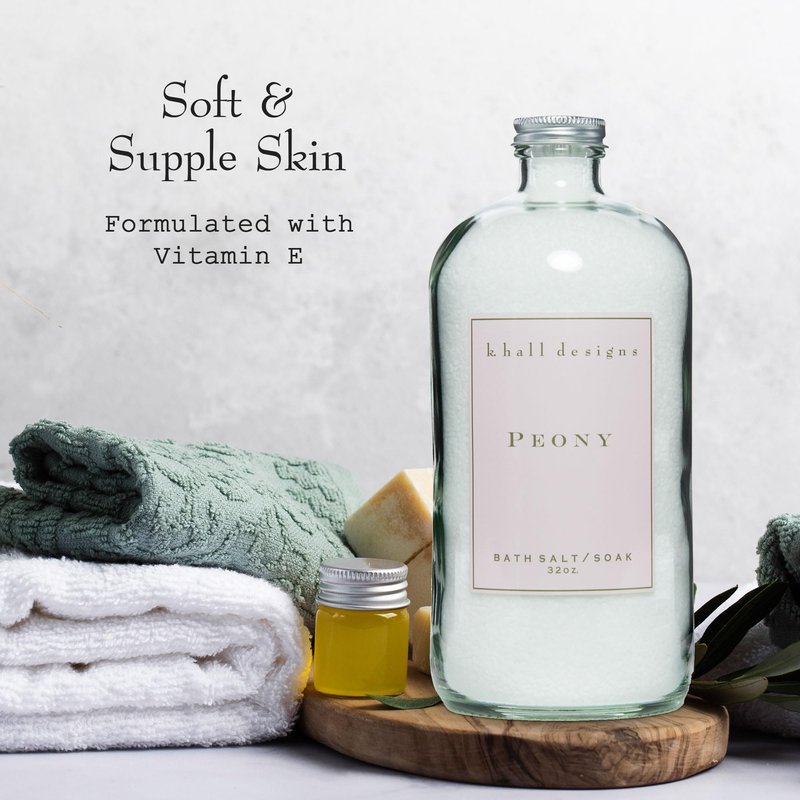K. Hall Designs Peony Bath Salt Soak with Vitamin E, Peaceful Peony Scent with Watery Notes, Relaxing Bath Products for Women & Men, 32 oz