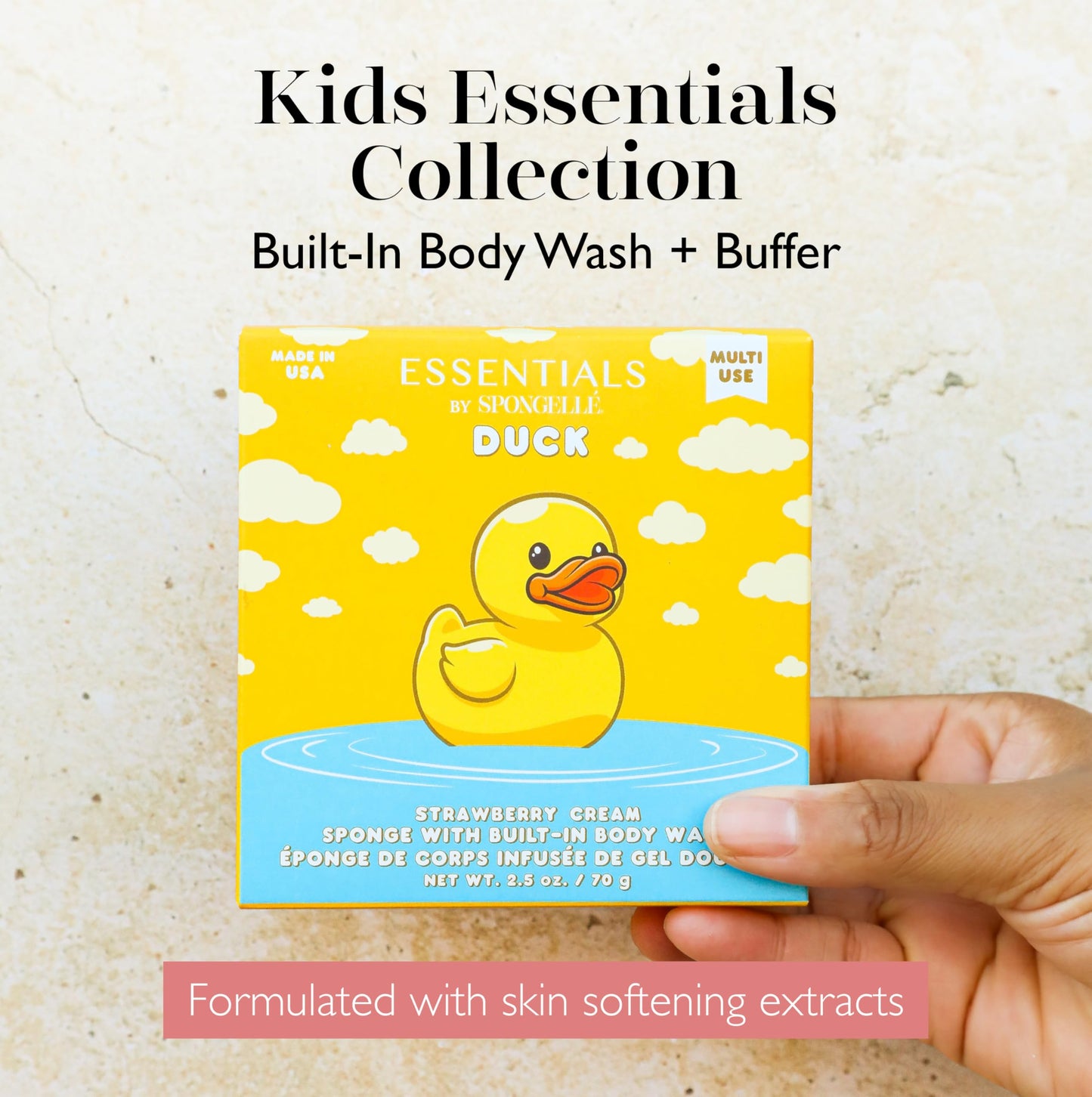 Spongelle Essentials Kids Duck Buffer | Ages 3+ | Bath & Shower Loofah for Kids | Cleanse, Exfoliate, and Nourish in one Easy Step | Cruelty-Free, Vegan, Dermatologist-Tested, Made in USA