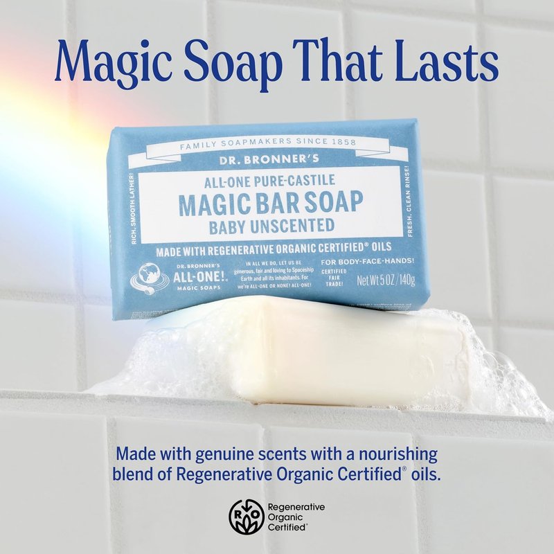 Dr. Bronner's Pure-Castile Baby Soap Bars - Unscented, Gentle for Sensitive Skin | 2 Pack, 5 oz