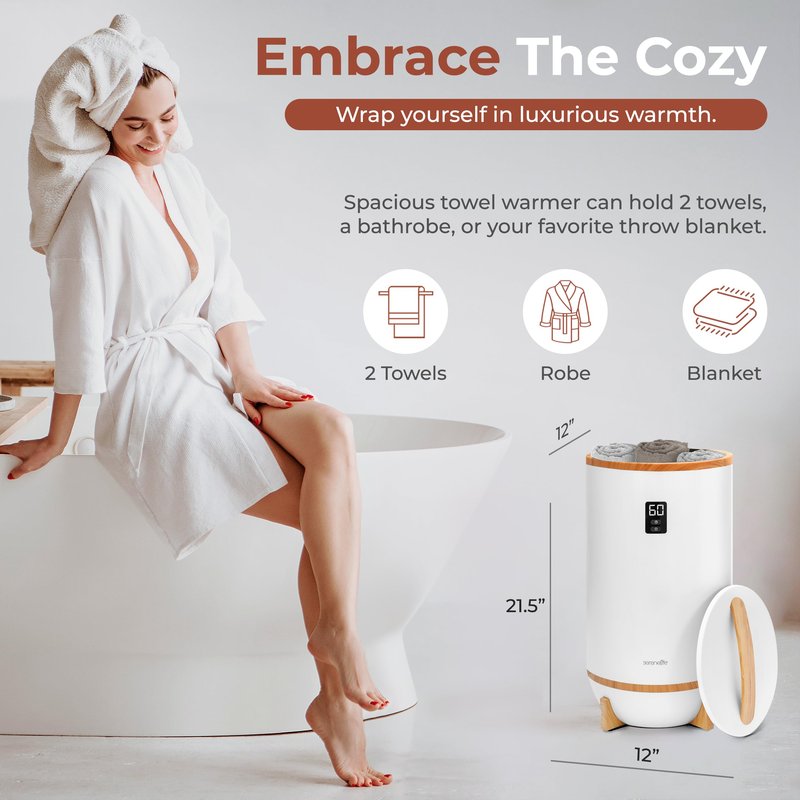 SereneLife Towel and Blanket Warmer - Single Touch Portable Towel Heater for Bathroom, Fragrant Disc Holder, LED Ring, 2 Large Towel Capacity, Built-in Timer (15-60 mins), Auto Shut-Off (White)