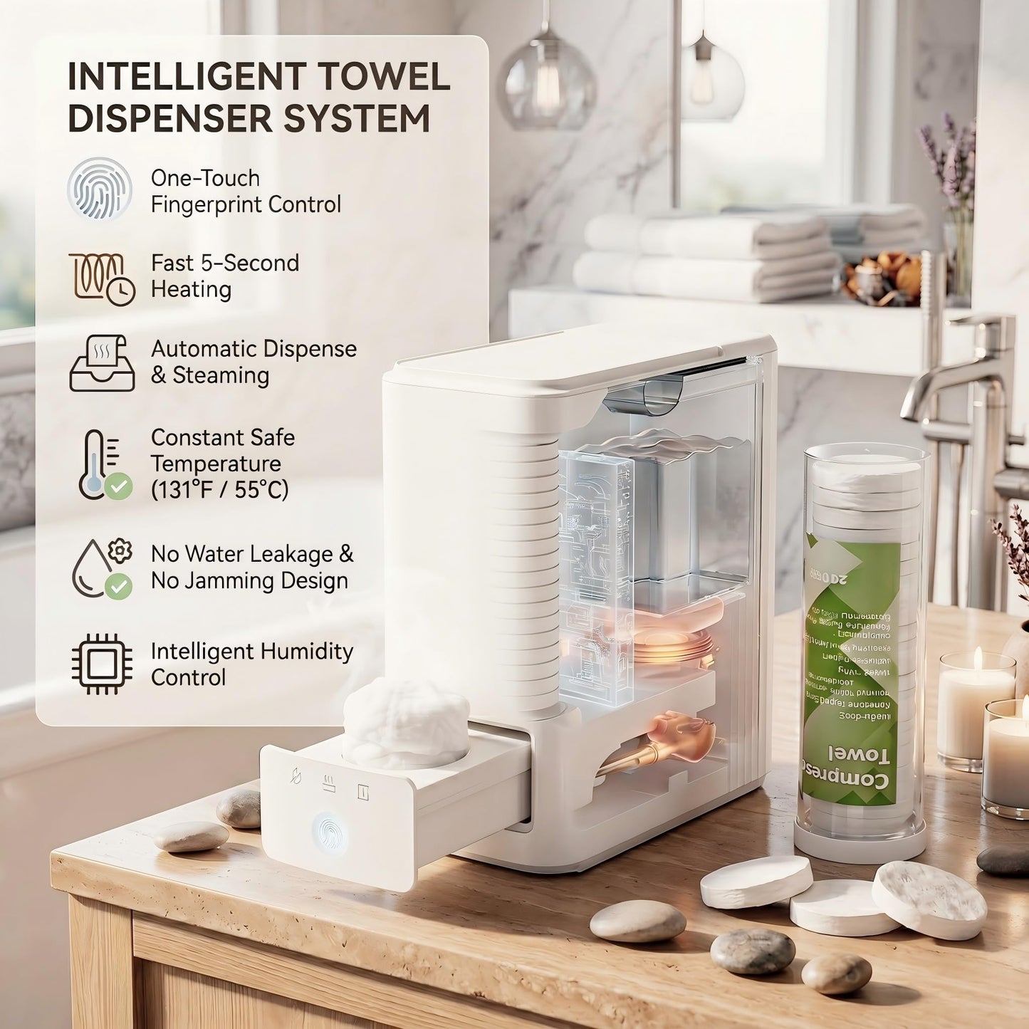 Villegloire Hot Towel Dispenser, 5s Instant Heating Automatic Facial Towel Warmer (131°F), Jam-Free Compressed Towel Machine for Skincare, Sensitive Skin & Baby Care, with 20 Compressed Towels