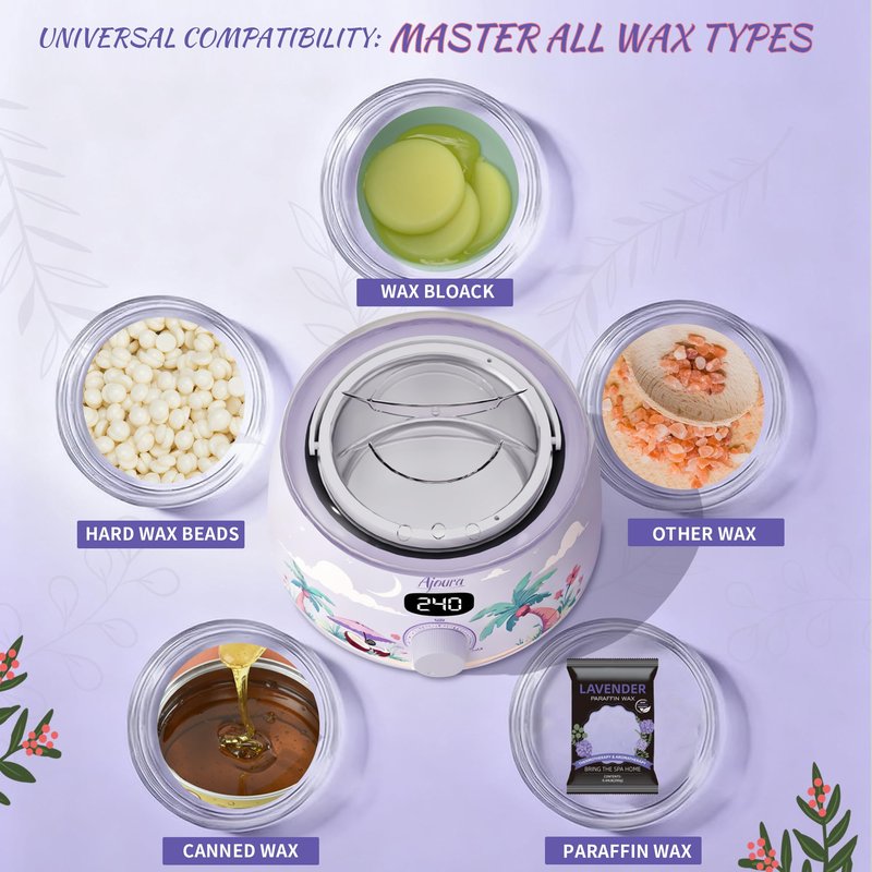 Ajoura Professional Wax Warmer Machine, 16oz Capacity Wax Heater Hair Removal Kit with Digital Temp Control & Fast Heat, Includes 30 Sticks for Face, Legs, Bikini, Brazilian and Body (Light Purple)