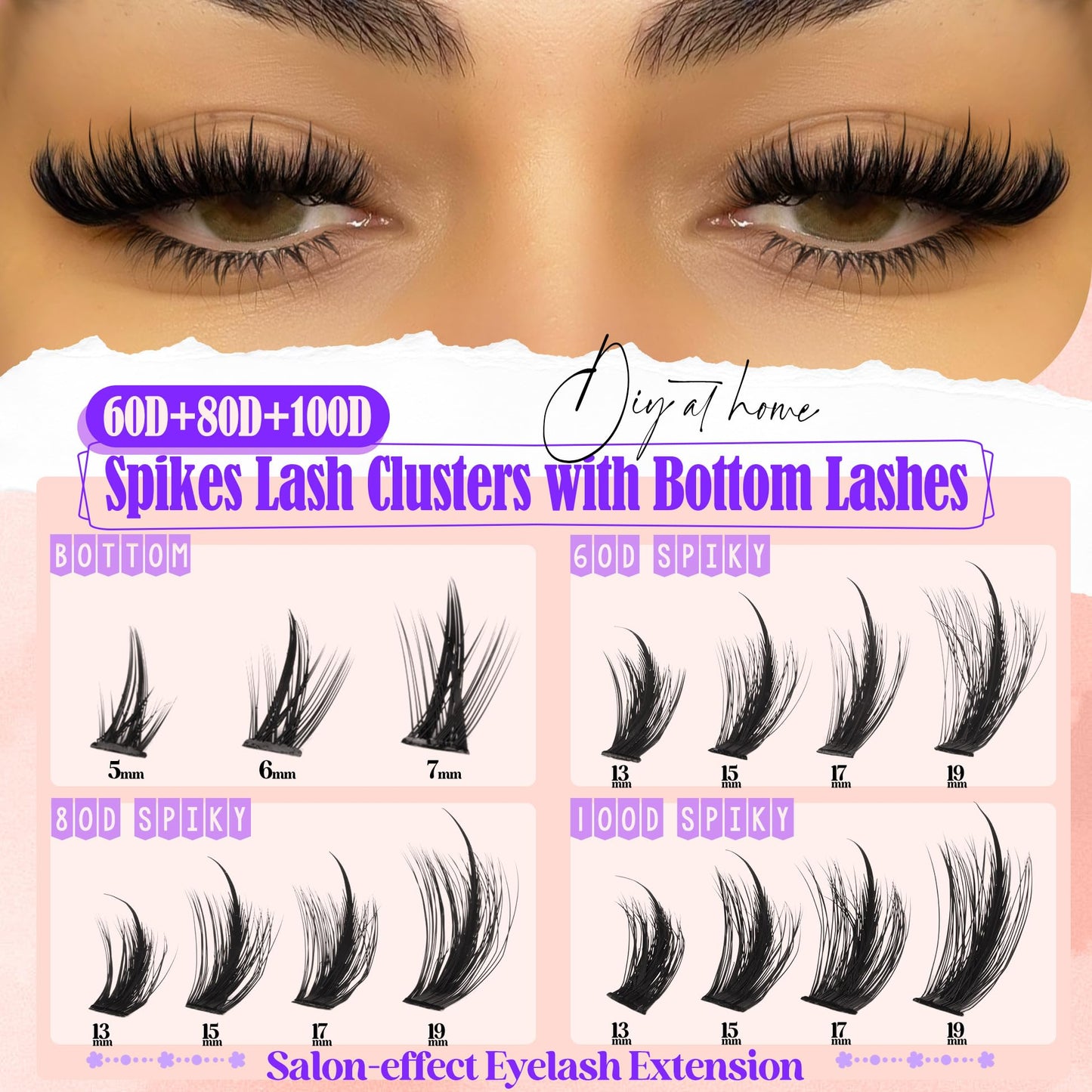 Volume Lash Clusters Spikes Cluster Eyelash Extensions 60D 80D 100D Thick Spiky Individuals Lashes 5-19mm Mega Wispy Eyelash Extension Fluff DIY D Curly Lash Extension with Bottom Lashes 296Pcs