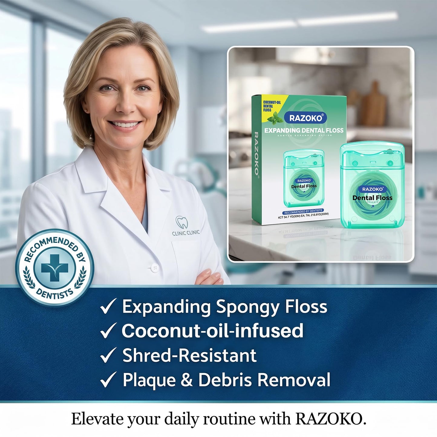 RAZOKO Coconut Oil Expanding Dental Floss - Gentle on Teeth & Gums, Kid-Friendly, Waxed, Light Mint Flavor, PTFE & PFAS Free, 4 Spools (220 Yd Total)