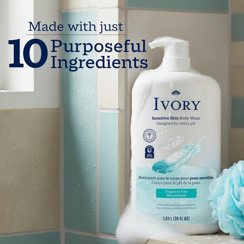 Ivory Body Wash, Designed for the Whole Family, Gentle Formula, Free of Dyes Heavy Perfumes Parabens Phthalates & Silicones, Designed for Skin's pH, Fragrance-Free, 35 oz