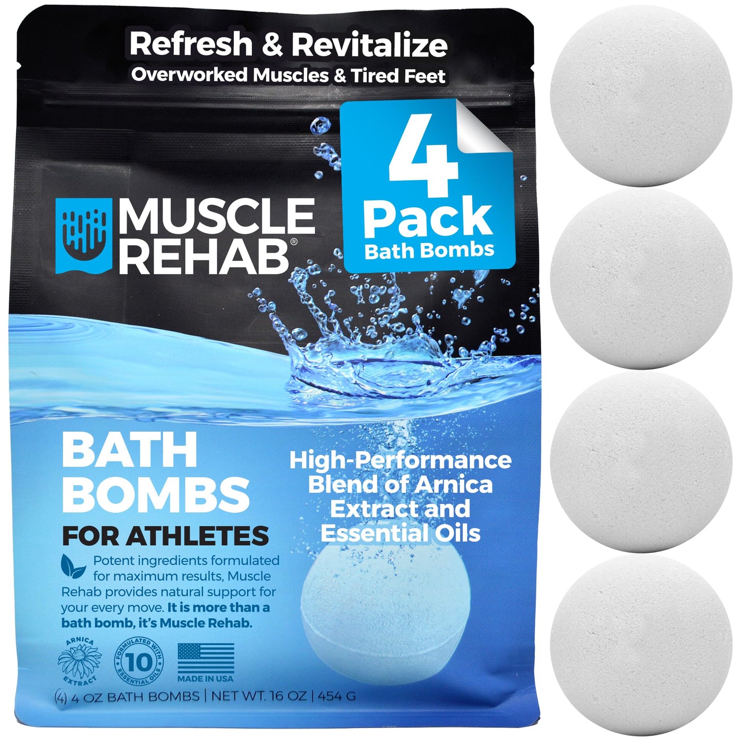 Muscle Rehab Epsom Salt Bath Bombs with Arnica (4 Pack) | Magnesium Recovery Soak for Sore Muscles, Post-Workout Relief & Relaxation | Eucalyptus, Turmeric & Clary Sage Essential Oils
