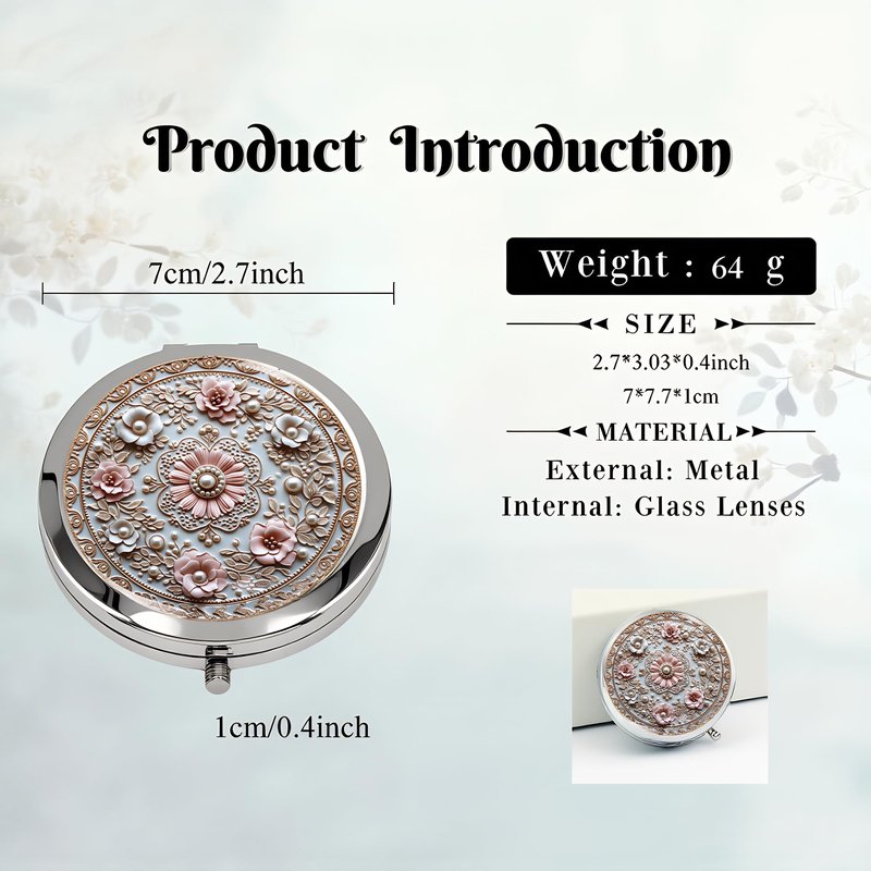 Silver Compact Mirror, 2.8x2.8inch Double-Sided Folding Makeup Mirror with Pink Floral Relief Design, Ideal Gift for Women