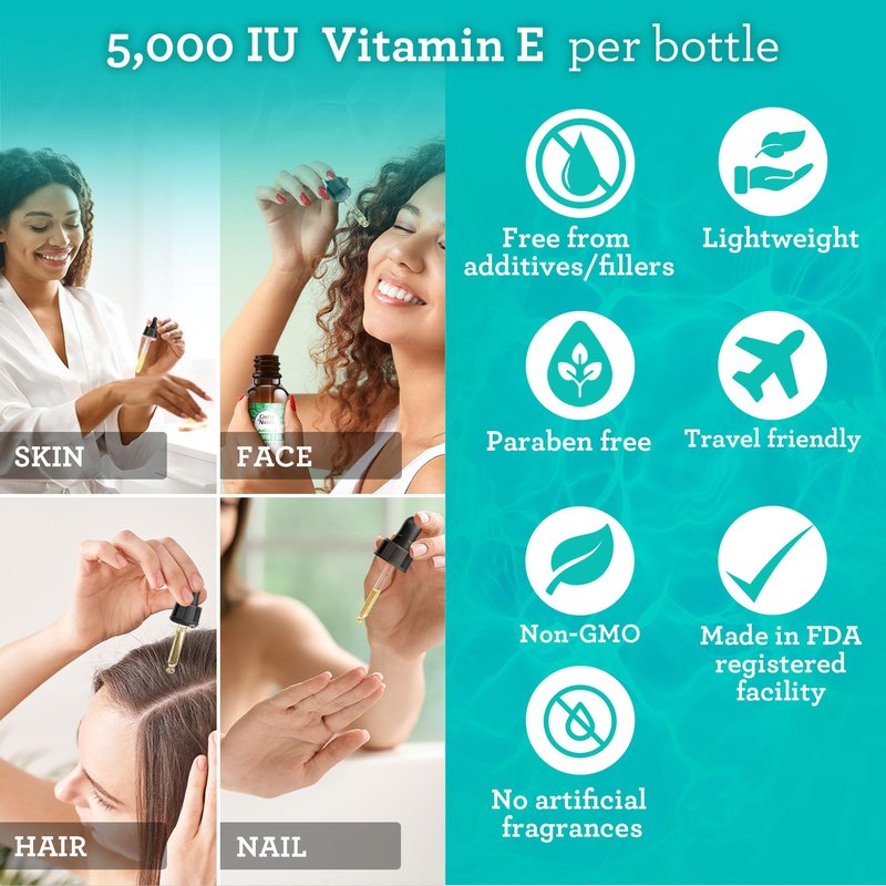 GuruNanda Pure & Natural Vitamin E Oil for Skin, Face, & Nails, 5,000 IU with D-Alpha Tocopherol & MCT Oil to Help Enhance Absorption, Non-GMO & Vegan, 2 FlOz
