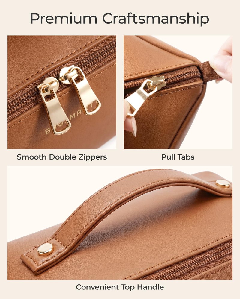 BAGSMART Makeup Bag Travel Cosmetic Bag, Large Make Up Bag Flat Open Toiletry Bag for Women, PU Leather Travel Essentials Organizer Case, Wide-open Pouch Purse for Skincare, Brushes, Classic Brown