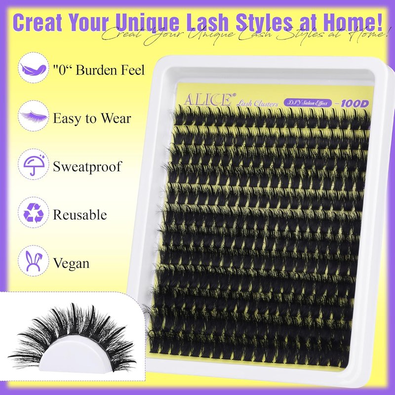 ALICE Eyelash Clusters Kit - 100D Thick Volume with Lash Glue & Tweezers | 228pcs D-Curly Extensions