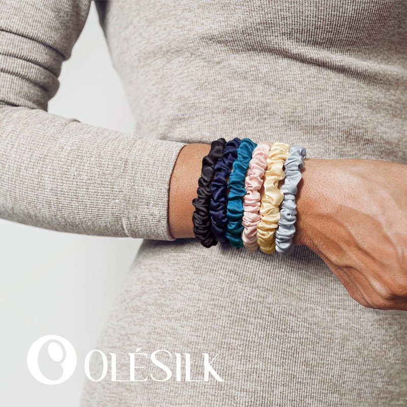 OLESILK Silk Hair Ties - 100% Mulberry Silk Scrunchies | No Damage, No Crease, 3 Pack in Black