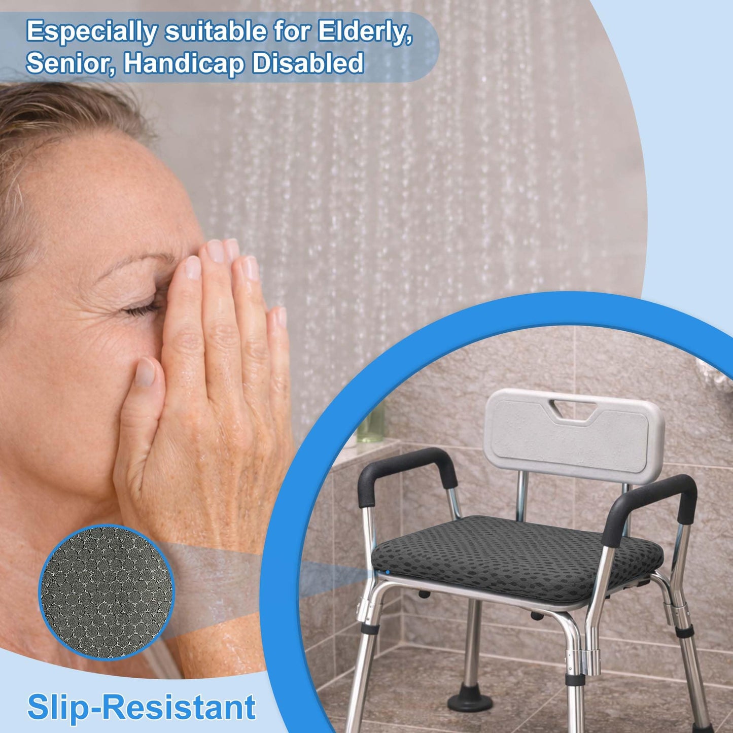 SPRING SEAON Shower Chair Cushion, Gel Shower Seat Cushion with Non-Slip Silicone Bottom, Quick-Dry Mesh Bath Seat Pad, Soft Washable Shower Bench Cushion for Seniors & Adults (Grey)
