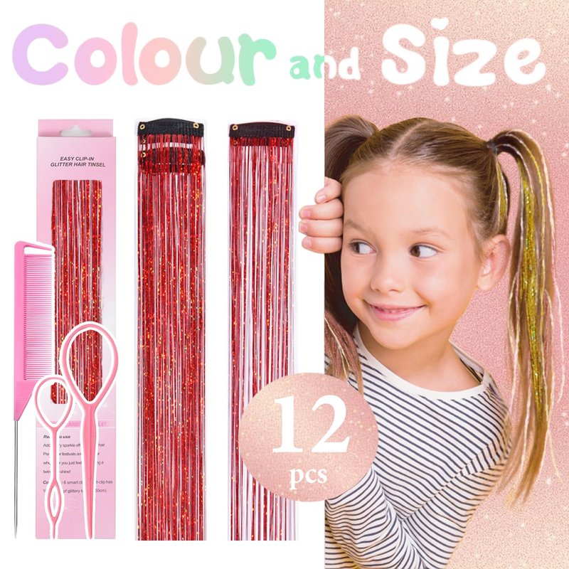 Hair Tinsel Clip in Red Fairy Hair Tinsel Kit, 12 Pcs 24 Inch Glitter Clip in Hair Extensions for Girls Women Kids Christmas New Year Festival Party (Red)