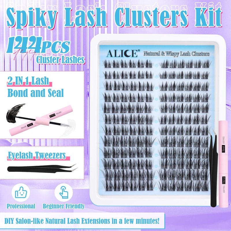 ALICE Natural Lash Clusters Kit Cluster Eyelash Extension Kit Left & Right Fluffy Wispy DIY Lash Extension Kit 144pcs 3D Anime C-Curly Eyelash Clusters Kit with Lash Glue Bond and Seal and Tweezers