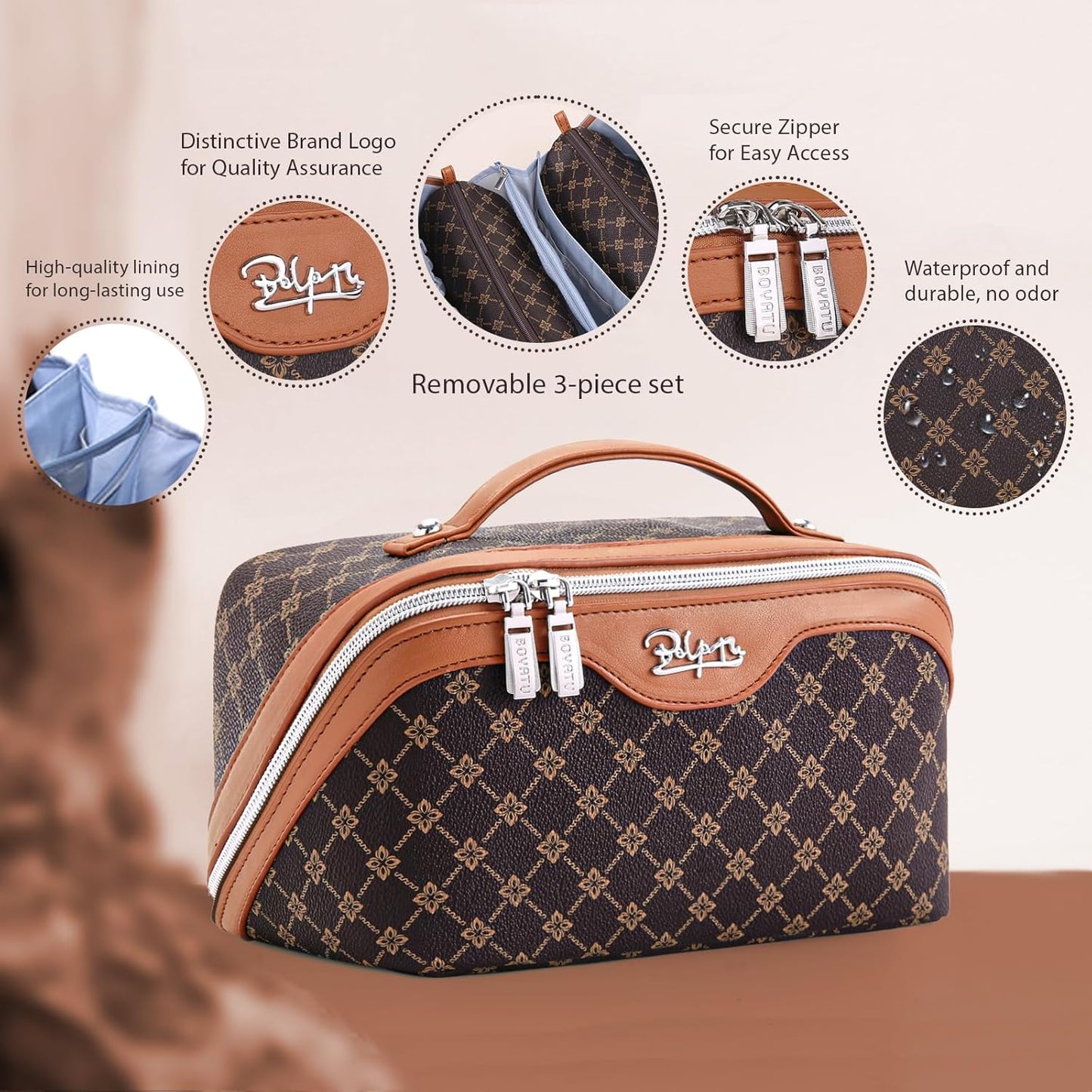 Travel Makeup Bag Set - Large Portable Vegan Leather Organizer | 3 Pcs with Handle - Ideal for Toiletries & Essentials (Coffee)