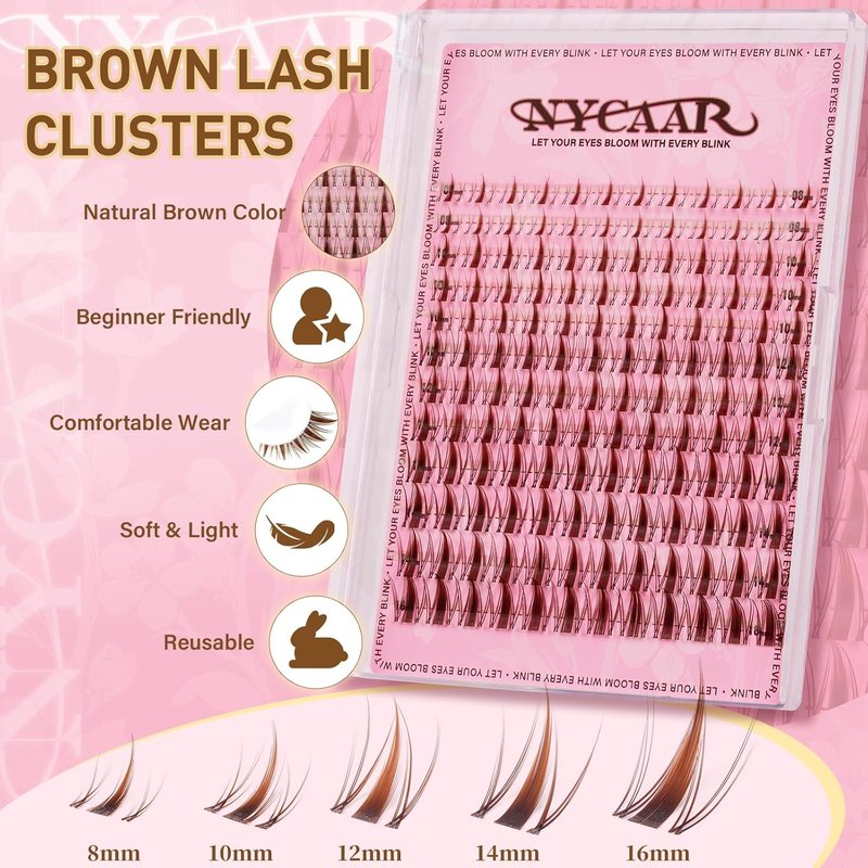 Fairy Spiky Brown Anime Lash Clusters - 144pcs Wispy D Curl 8-16mm Individual Lashes with Invisible Band, Manga Style for DIY Natural Look at Home