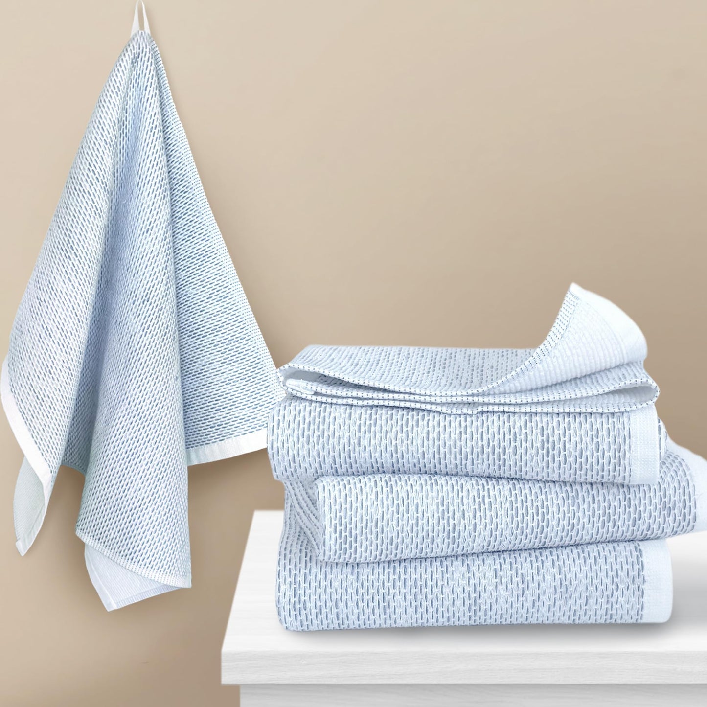 VOOVA & MOVAS Kitchen Towels Set of 4 (17"x25"), 100% Cotton Thick 450GSM | Absorption | Soft | Large, Dish Towels with Hanging Loop, Quick Dry Towel for Kitchen & Bathroom, Blue and White Jacquard