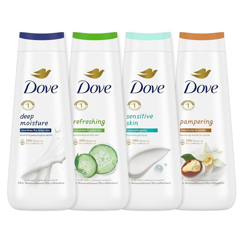 Dove Body Wash - Deep Moisture for Sensitive Skin | Cucumber & Green Tea, Shea Butter & Vanilla, 20 oz (4 Count)