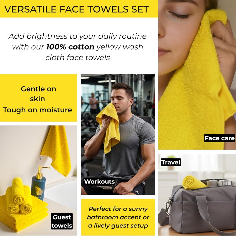 LIVINATI Yellow 100% Cotton Wash Cloths for Showering Body and Face - 12"X12" 6 Pack Washcloths - Small Terry Towel Bath Rags for Adults and Kids Bathroom - Soft Absorbent