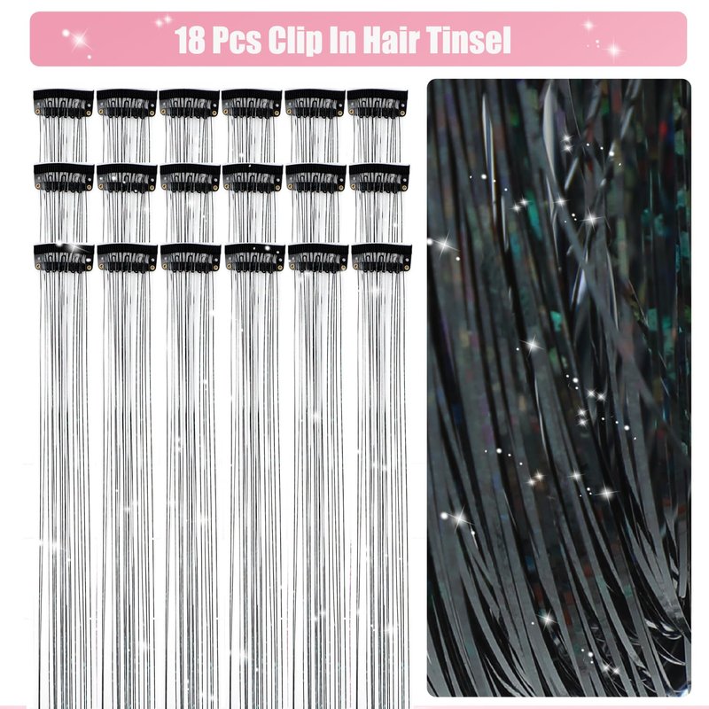 Skiennix Hair Tinsel Extensions - 20 Inch Glitter Clip-Ins | Pack of 18 for Kids & Women (Black)
