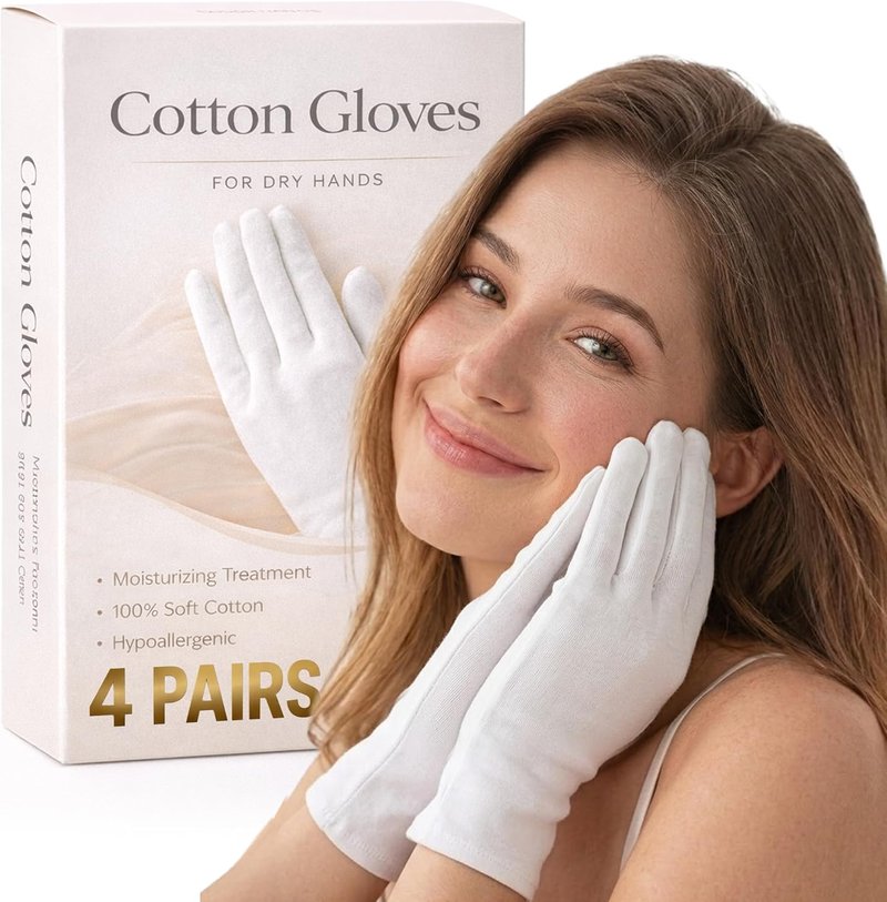 Cotton Gloves for Dry Hands - 4 Pairs Moisturizing Overnight Spa Gloves | 100% Cotton Eczema Care