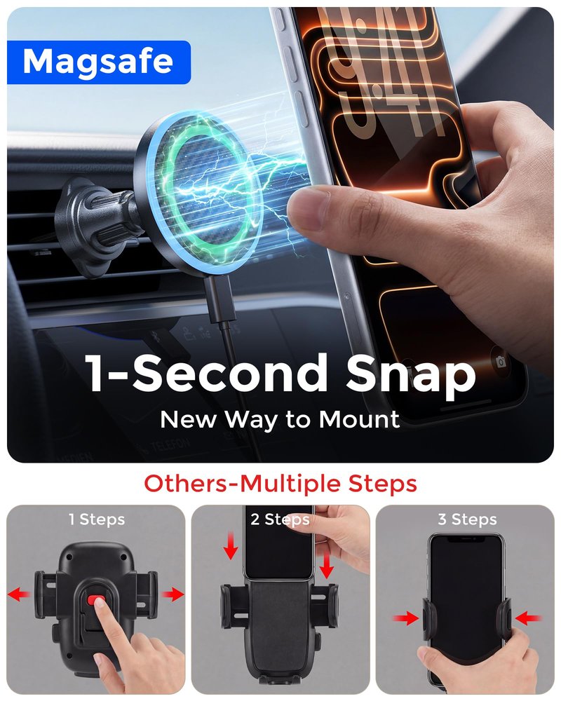 Estbuc 2-in-1 15W Magsafe Car Mount Charger, Magnetic Wireless Car Charger, 360° Dashboard & Air Vent Phone Mount, Phone Holders for Your Car, Car Accessories for Men Women for iPhone 17-12