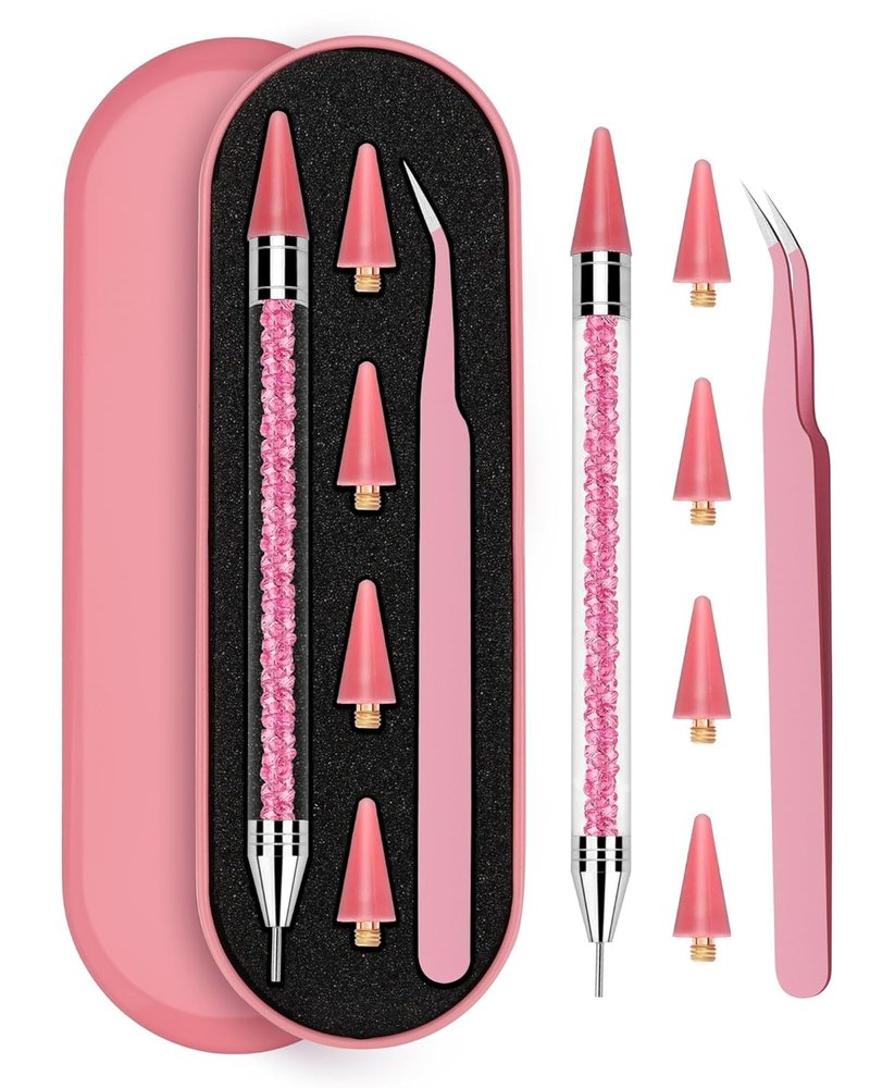 Rhinestone Picker Tool - Dual-Ended Applicator with 4 Replaceable Wax Tips & Tweezers | Pink Nail Art Accessory
