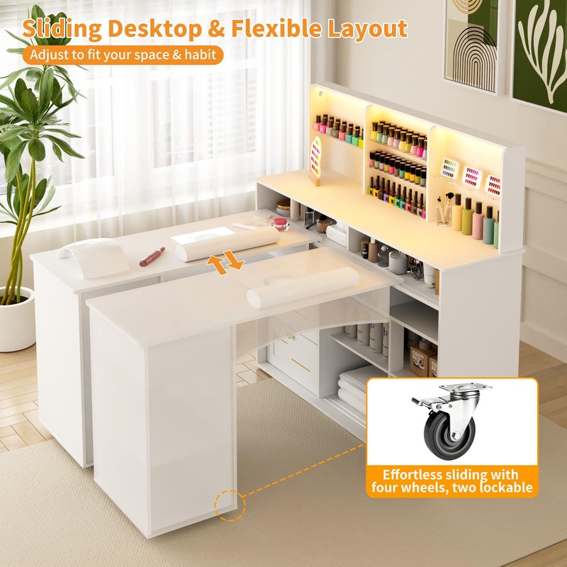 HolaiNail Manicure Table with Dust Collector, L-Shaped Nail Desk with Mobile Desktop, LED Light, Glass Display Rack, Storage Cabinets and Drawers for Home Spa Beauty Salon Nail Station, White