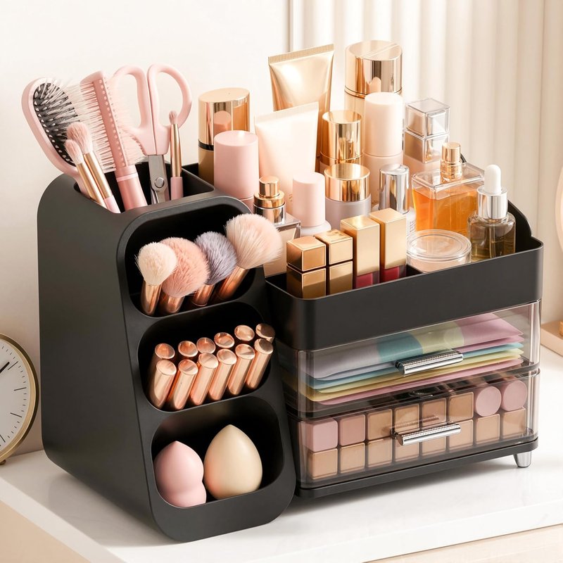 Makeup Organizer - Large Capacity Countertop Storage with Brush Holder | Thickened Material, Black