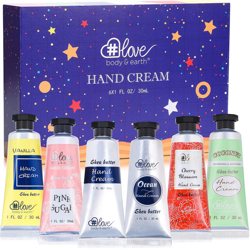 BODY & EARTH # LOVE Hand Cream Gift Set, Mothers Day Gifts for Mom, Moisturizing Hand Lotion Gift Set with Vitamin E, Travel Size Hand Cream for Women, Birthday Gifts Nurses Teachers, 6 x 1 OZ