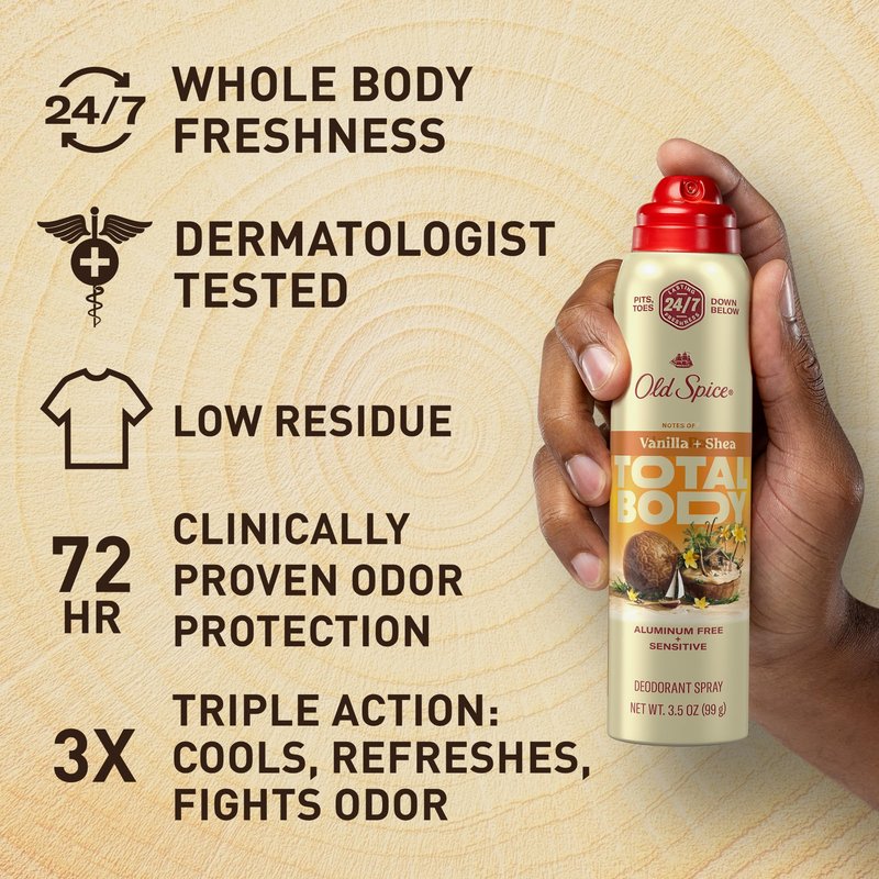 Old Spice Whole Body Deodorant Spray for Men, Aluminum Free, 24/7 Odor Protection, Dermatologist Tested, Gentle on Skin, Safe for Chest, Thighs, Feet, Whole Body Use, Vanilla + Shea Scent, 3.5 oz