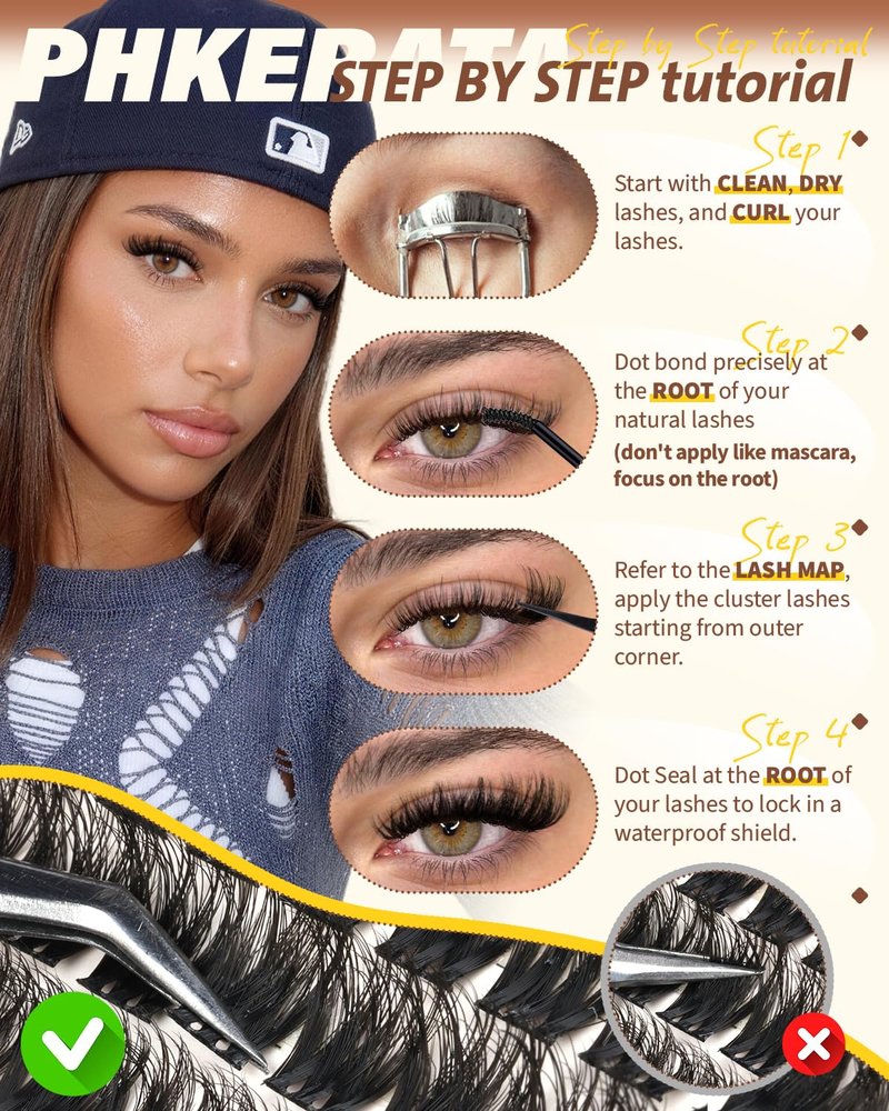 PHKERATA Fluffy Lash Clusters Kit D Curl Wispy Eyelash Clusters Kit, 3D Volume Cluster Eyelash Extensions Kit DIY Individual Lashes with Bond and Seal & Tweezers, 144pcs, 10-16mm