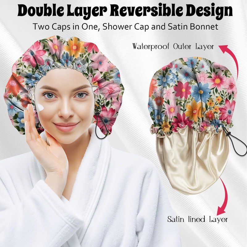 BHAHB Luxury Shower Cap Satin Lined Reusable Waterproof Double Layer Elastic Adjustable Hair Bath Cap Cute Aesthetic Women Girls-Flowers